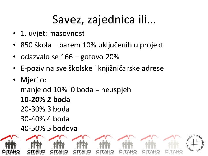 Savez, zajednica ili… • • • 1. uvjet: masovnost 850 škola – barem 10%