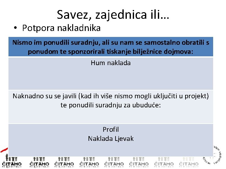 Savez, zajednica ili… • Potpora nakladnika Nismo im ponudili suradnju, ali su nam se