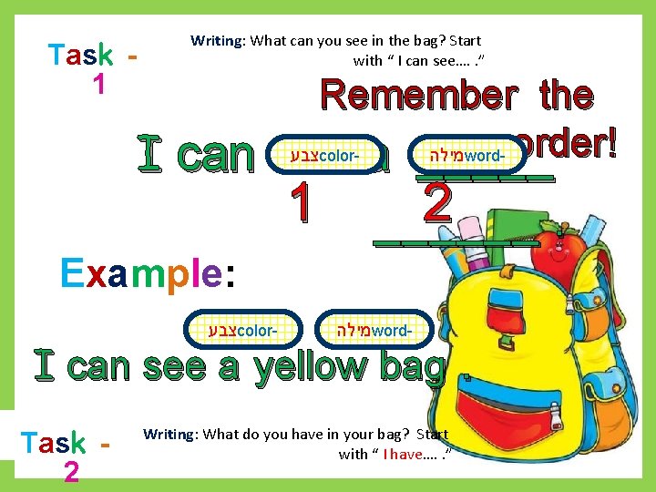 T ask 1 Writing: What can you see in the bag? Start with “