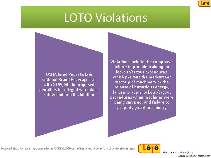 LOTO Violations OSHA fined Pepsi Cola & National Brand Beverage Ltd. with $195, 000