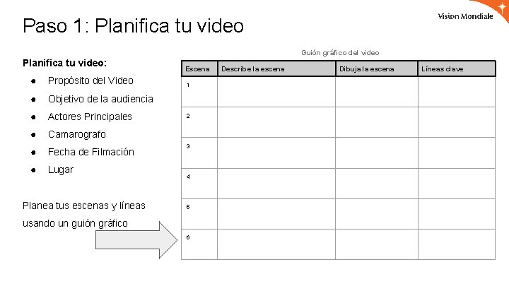 Paso 1: Planifica tu video Guión gráfico del video Planifica tu video: ● Propósito