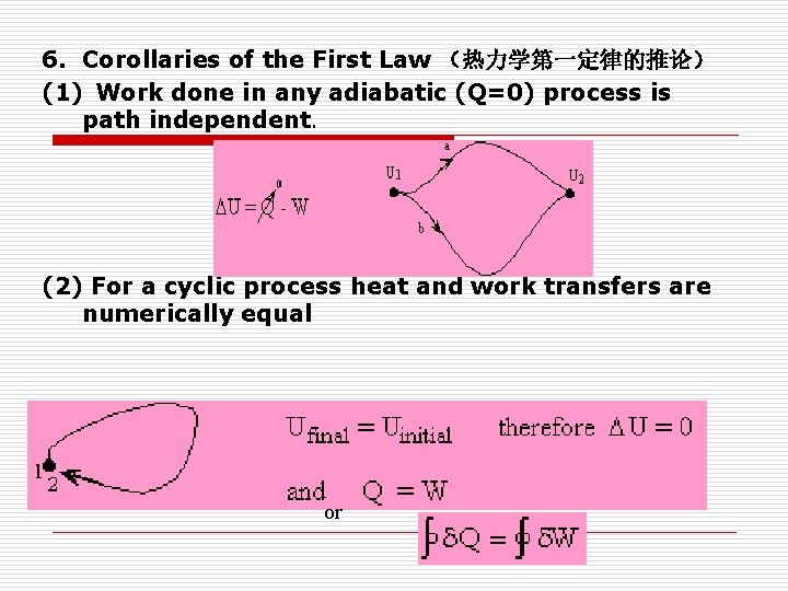 6. Corollaries of the First Law (热力学第一定律的推论) (1) Work done in any adiabatic (Q=0) 6. Corollaries of the First Law (热力学第一定律的推论) (1) Work done in any adiabatic (Q=0)