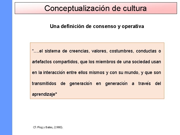 Conceptualización de cultura Una definición de consenso y operativa “…. el sistema de creencias,