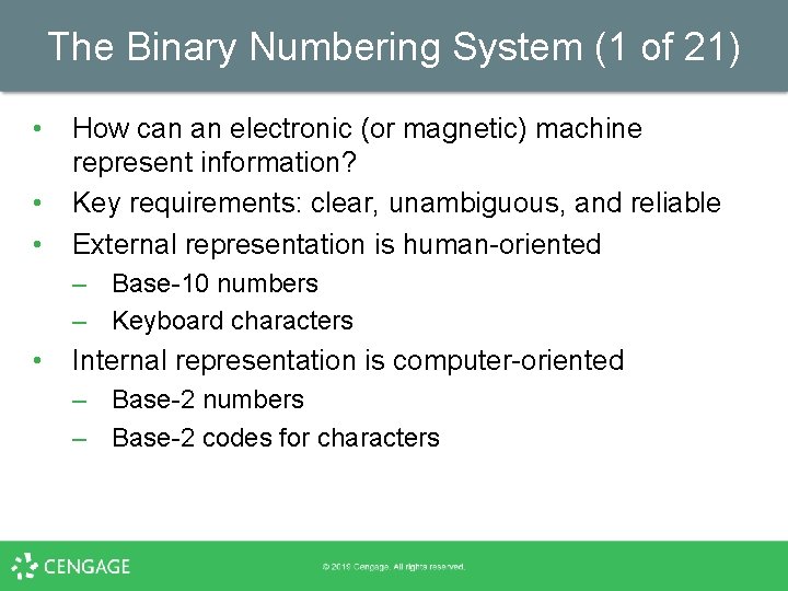 The Binary Numbering System (1 of 21) • • • How can an electronic