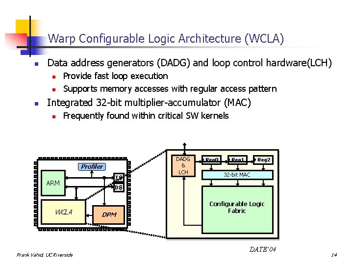 Warp Configurable Logic Architecture (WCLA) n Data address generators (DADG) and loop control hardware(LCH)