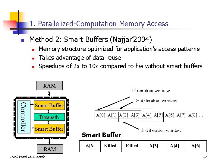 1. Parallelized-Computation Memory Access n Method 2: Smart Buffers (Najjar’ 2004) n n n