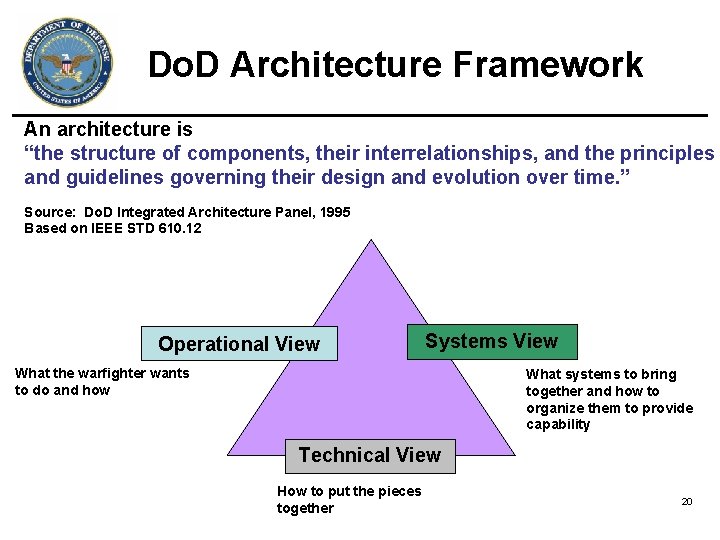 Do. D Architecture Framework An architecture is “the structure of components, their interrelationships, and Do. D Architecture Framework An architecture is “the structure of components, their interrelationships, and