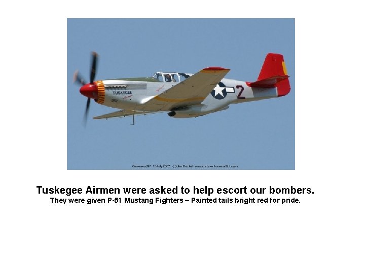 Tuskegee Airmen were asked to help escort our bombers. They were given P-51 Mustang
