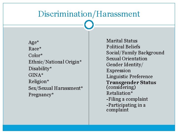 Discrimination/Harassment Age* Race* Color* Ethnic/National Origin* Disability* GINA* Religion* Sex/Sexual Harassment* Pregnancy* Marital Status