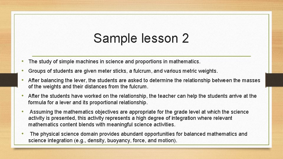 Sample lesson 2 • The study of simple machines in science and proportions in