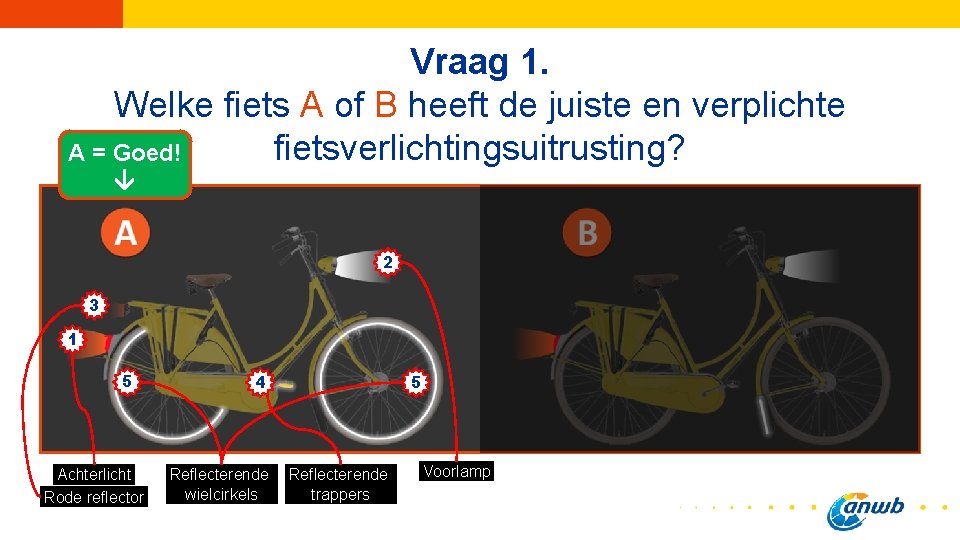 Vraag 1. Welke fiets A of B heeft de juiste en verplichte fietsverlichtingsuitrusting? A