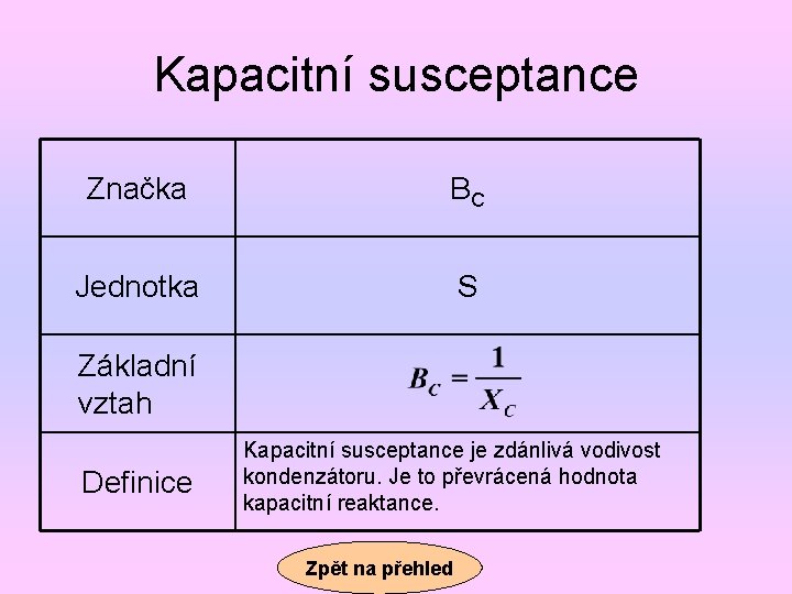 Kapacitní susceptance Značka BC Jednotka S Základní vztah Definice Kapacitní susceptance je zdánlivá vodivost