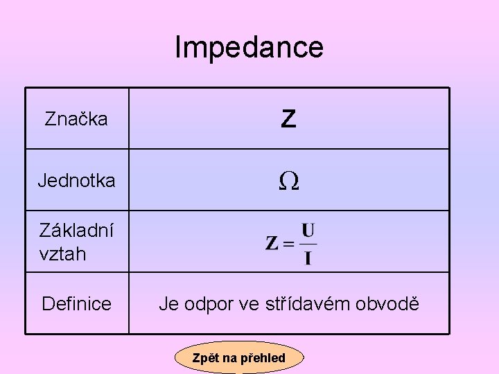 Impedance Značka Z Jednotka Ω Základní vztah Definice Je odpor ve střídavém obvodě Zpět