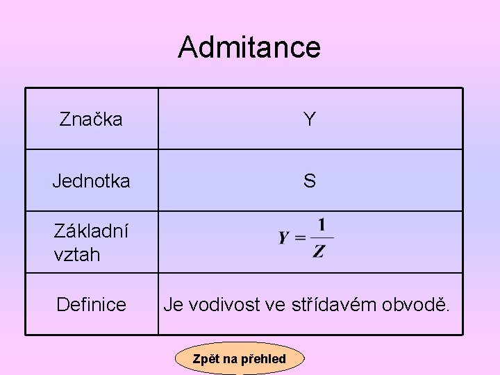 Admitance Značka Y Jednotka S Základní vztah Definice Je vodivost ve střídavém obvodě. Zpět