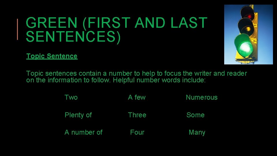 GREEN (FIRST AND LAST SENTENCES) Topic Sentence Topic sentences contain a number to help