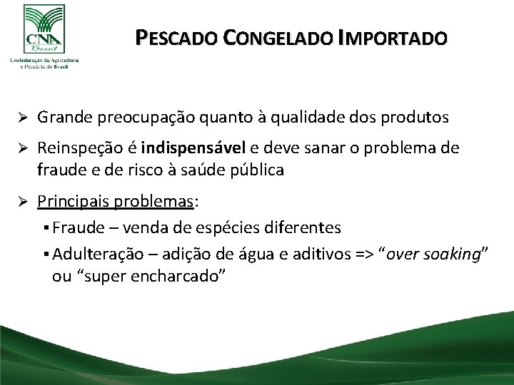 PESCADO CONGELADO IMPORTADO Ø Grande preocupação quanto à qualidade dos produtos Ø Reinspeção é