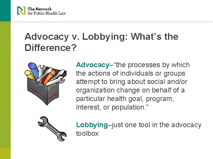 Advocacy v. Lobbying: What’s the Difference? Advocacy–“the processes by which the actions of individuals