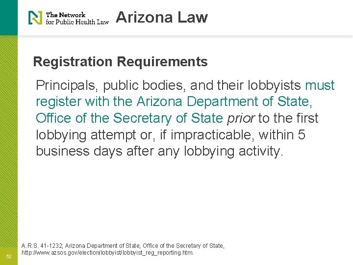 Arizona Law Registration Requirements Principals, public bodies, and their lobbyists must register with the