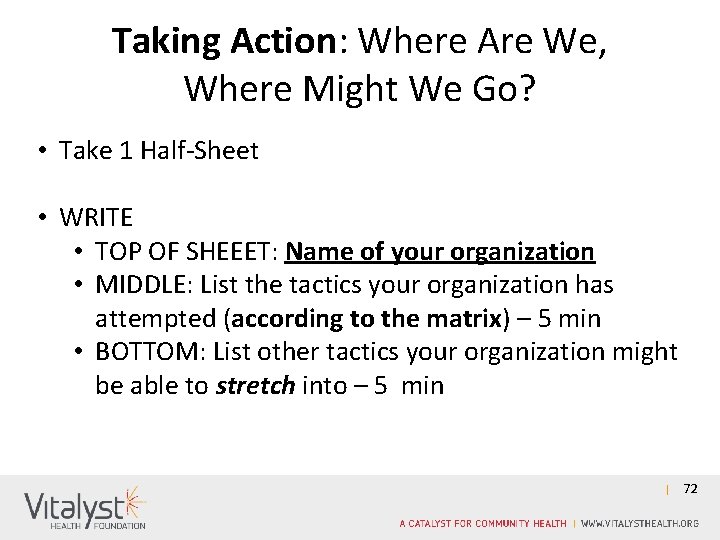 Taking Action: Where Are We, Where Might We Go? • Take 1 Half-Sheet •