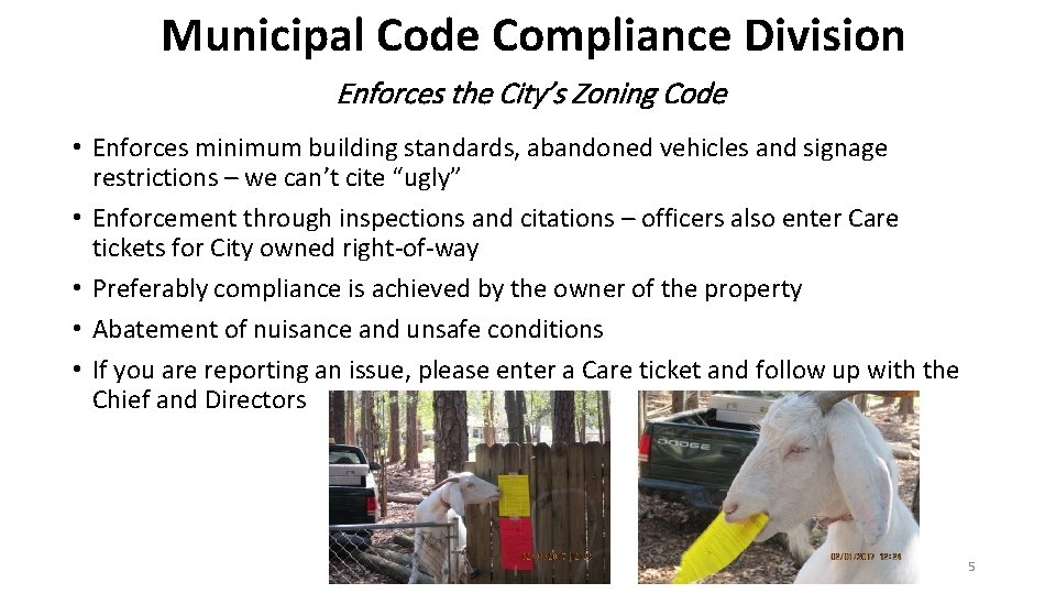 Municipal Code Compliance Division Enforces the City’s Zoning Code • Enforces minimum building standards,