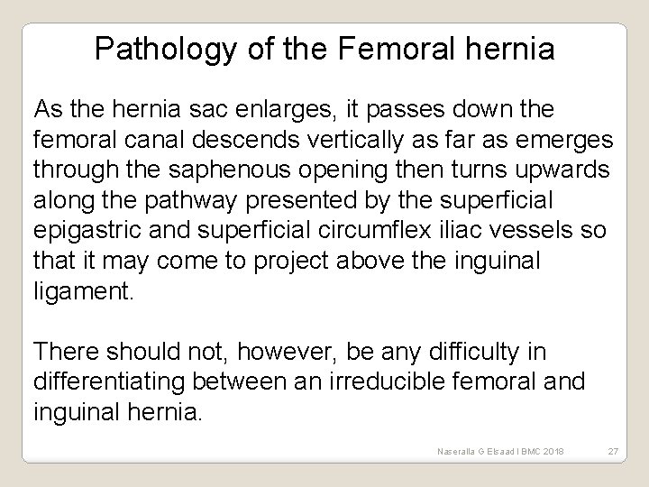 Pathology of the Femoral hernia As the hernia sac enlarges, it passes down the