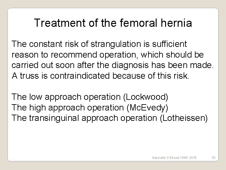 Treatment of the femoral hernia The constant risk of strangulation is sufficient reason to