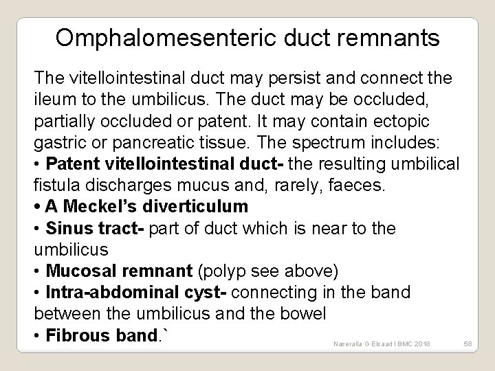 Omphalomesenteric duct remnants The vitellointestinal duct may persist and connect the ileum to the