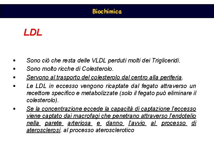 Biochimica LDL § § § Sono ciò che resta delle VLDL perduti molti dei