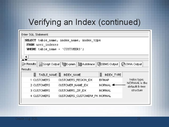 Verifying an Index (continued) Oracle 11 g: SQL 26 Verifying an Index (continued) Oracle 11 g: SQL 26