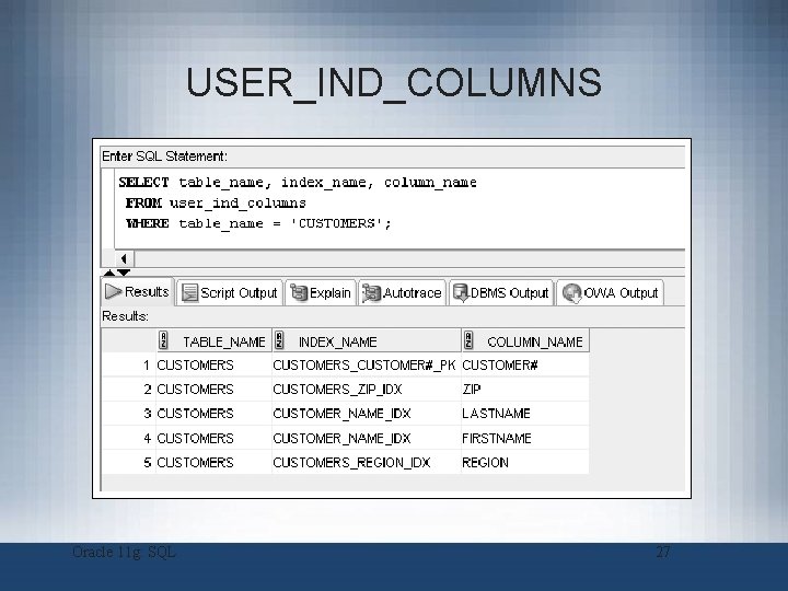 USER_IND_COLUMNS Oracle 11 g: SQL 27 USER_IND_COLUMNS Oracle 11 g: SQL 27