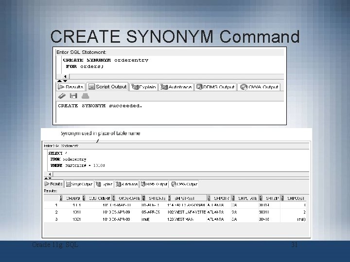 CREATE SYNONYM Command Oracle 11 g: SQL 31 CREATE SYNONYM Command Oracle 11 g: SQL 31
