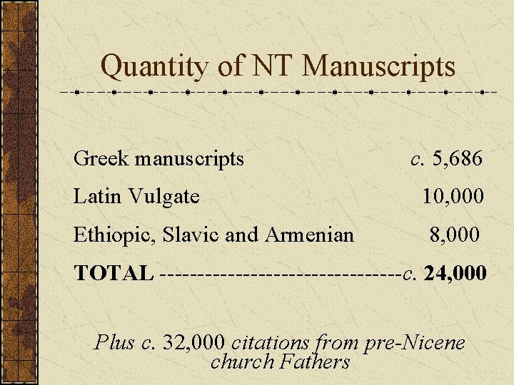 Quantity of NT Manuscripts Greek manuscripts Latin Vulgate Ethiopic, Slavic and Armenian c. 5,