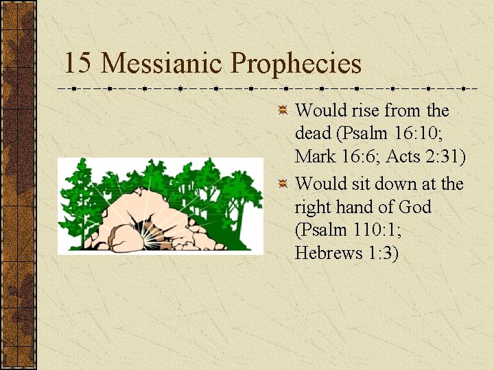 15 Messianic Prophecies Would rise from the dead (Psalm 16: 10; Mark 16: 6;