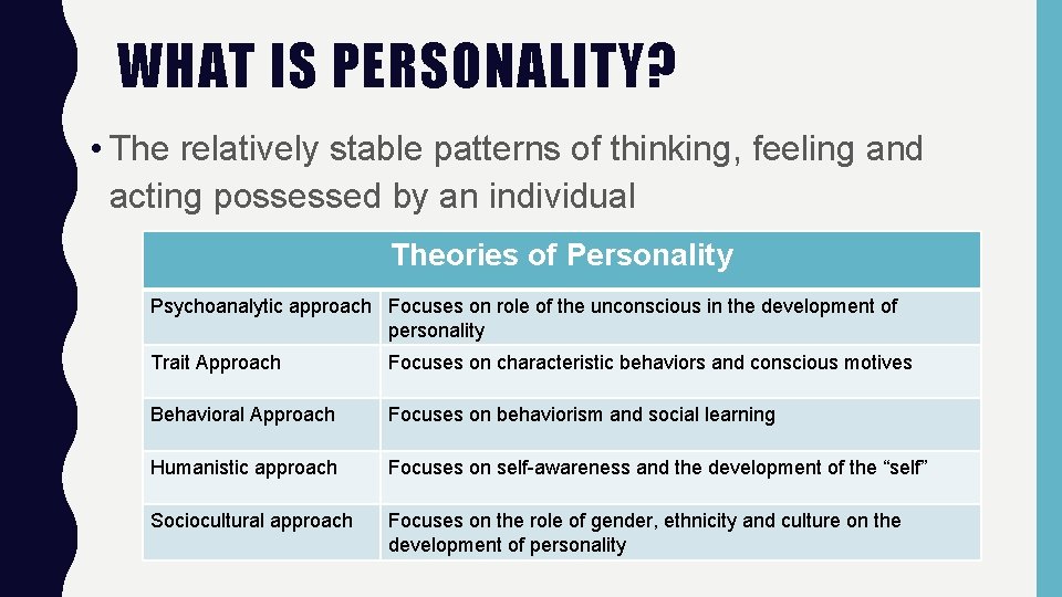WHAT IS PERSONALITY? • The relatively stable patterns of thinking, feeling and acting possessed