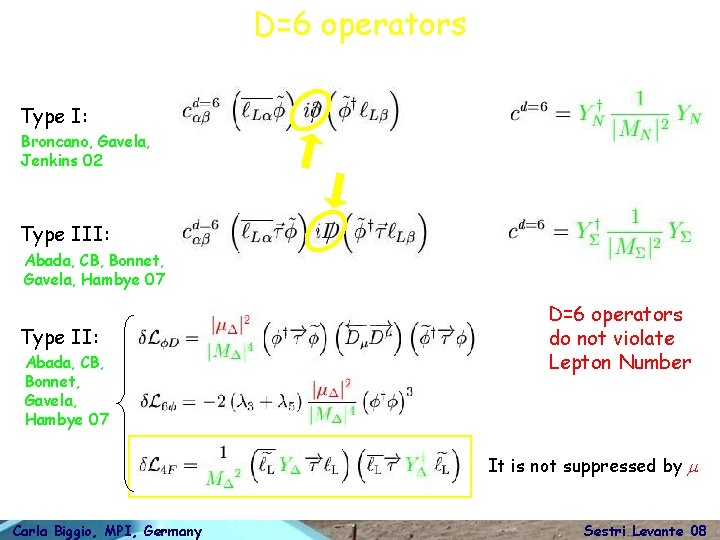 D=6 operators Type I: Broncano, Gavela, Jenkins 02 Type III: Abada, CB, Bonnet, Gavela,