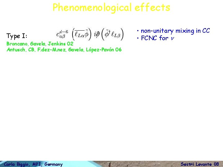 Phenomenological effects Type I: Broncano, Gavela, Jenkins 02 Antusch, CB, F. dez-M. nez, Gavela,