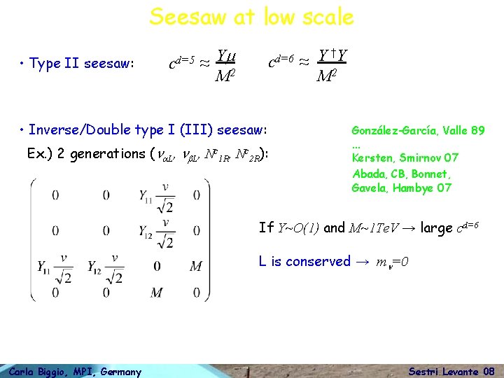 Seesaw at low scale • Type II seesaw: cd=5 ≈ Ym 2 M cd=6