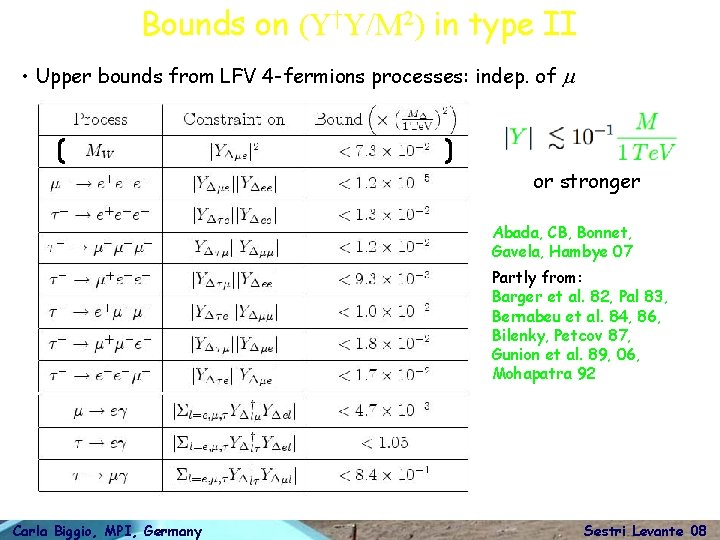 Bounds on (Y†Y/M 2) in type II • Upper bounds from LFV 4 -fermions