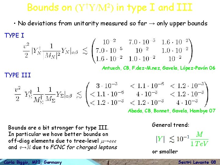 Bounds on (Y†Y/M 2) in type I and III • No deviations from unitarity