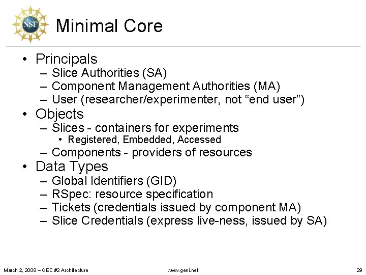 Minimal Core • Principals – Slice Authorities (SA) – Component Management Authorities (MA) –