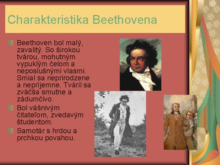 Charakteristika Beethoven bol malý, zavalitý. So širokou tvárou, mohutným vypuklým čelom a neposlušnými vlasmi.