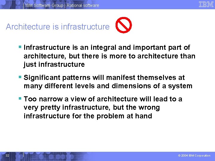 IBM Software Group | Rational software Architecture is infrastructure § Infrastructure is an integral