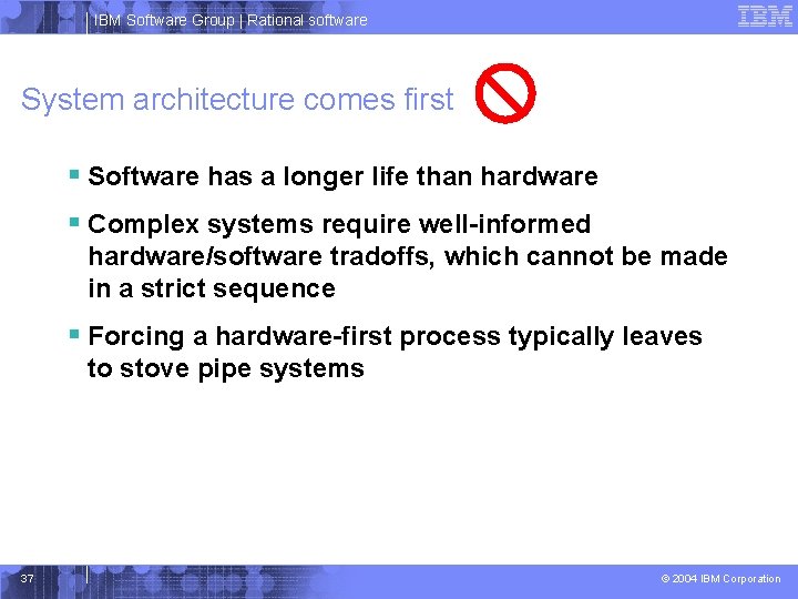 IBM Software Group | Rational software System architecture comes first § Software has a