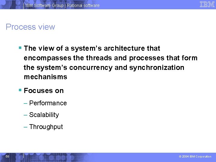 IBM Software Group | Rational software Process view § The view of a system’s