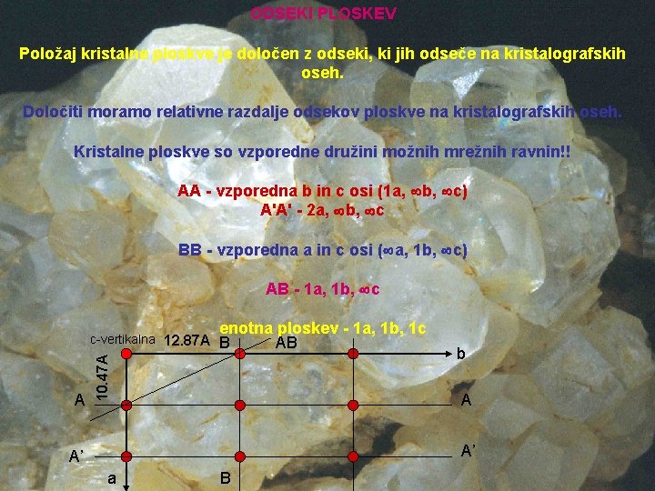 ODSEKI PLOSKEV Položaj kristalne ploskve je določen z odseki, ki jih odseče na kristalografskih
