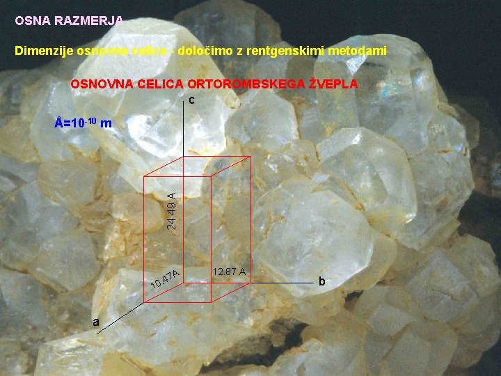 OSNA RAZMERJA Dimenzije osnovne celice - določimo z rentgenskimi metodami OSNOVNA CELICA ORTOROMBSKEGA ŽVEPLA