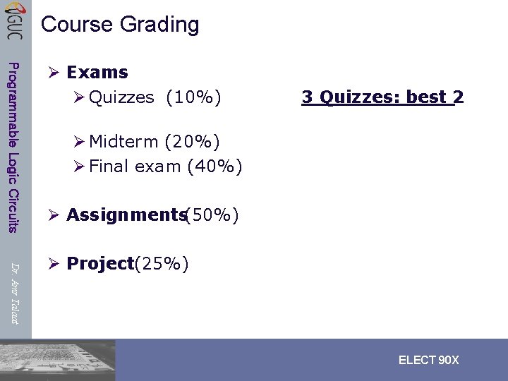 Course Grading Programmable Logic Circuits Ø Exams Ø Quizzes (10%) 3 Quizzes: best 2 Course Grading Programmable Logic Circuits Ø Exams Ø Quizzes (10%) 3 Quizzes: best 2