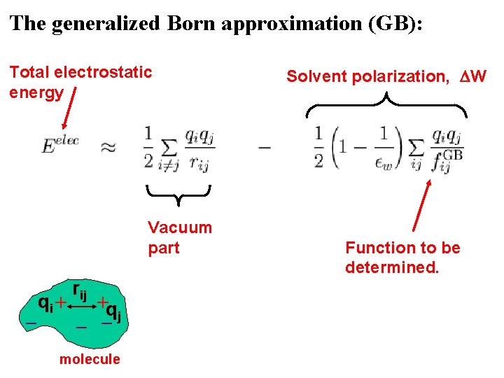 The generalized Born approximation (GB): Total electrostatic energy Vacuum part - qi + rij