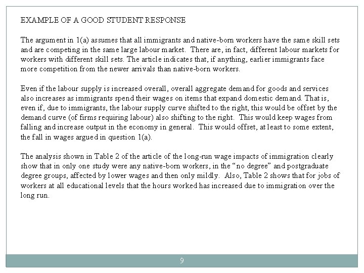 EXAMPLE OF A GOOD STUDENT RESPONSE The argument in 1(a) assumes that all immigrants