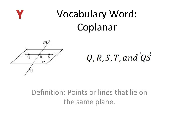 Y Vocabulary Word: Coplanar Definition: Points or lines that lie on the same plane.